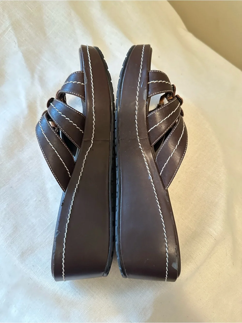 Y2K Apostrophe Sonya Brown Leather Wedge Slide Sandals 7 Boho 90s Chunky Grunge